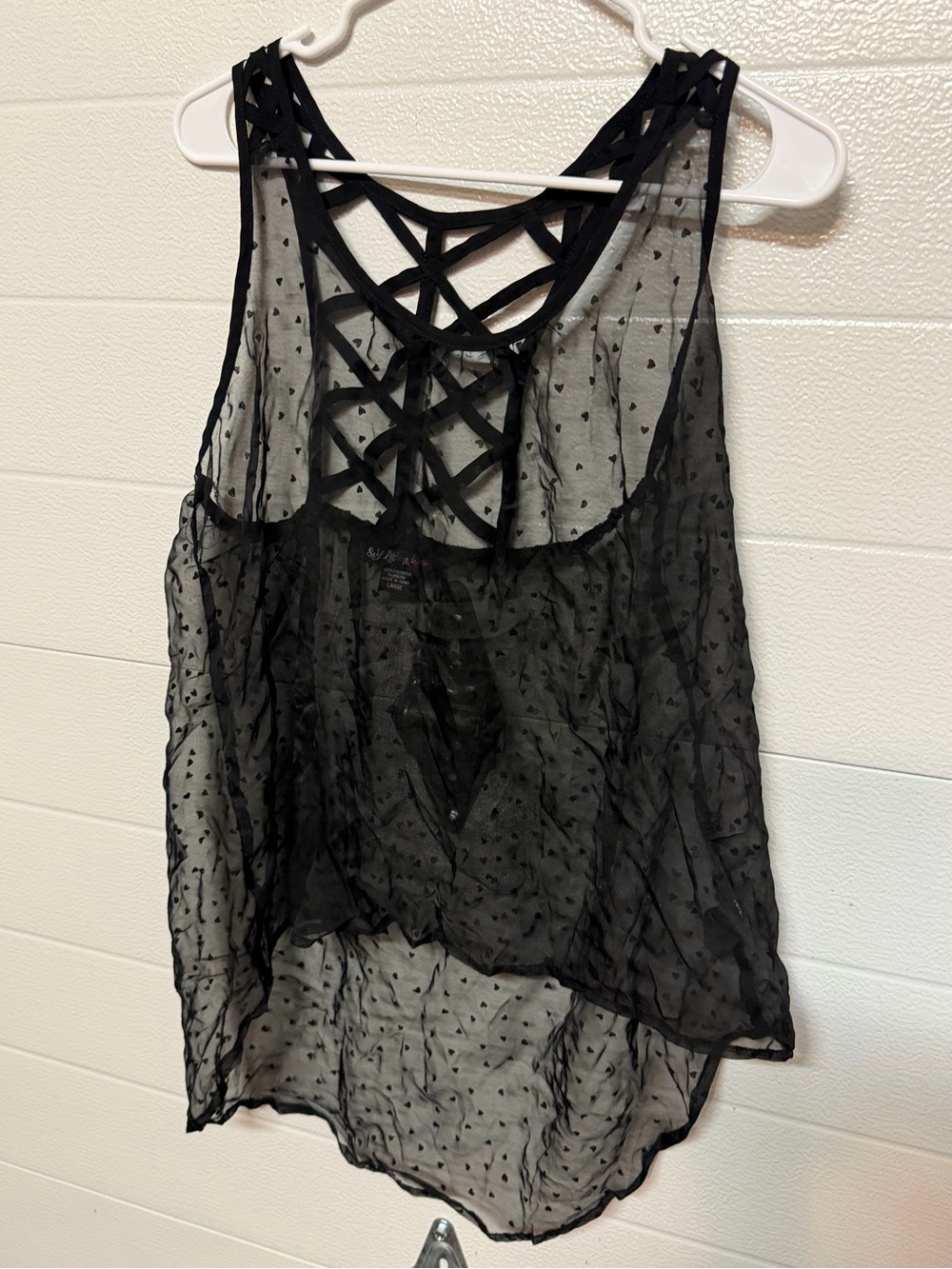 Self Esteem Black Sheer Heart-Print Crisscross Tank Camisole